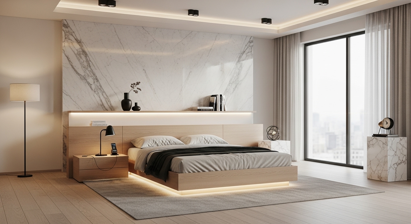 Inspirasi interior kamar tidur mewah dengan backdrop marble dan floating bed custom Jogja