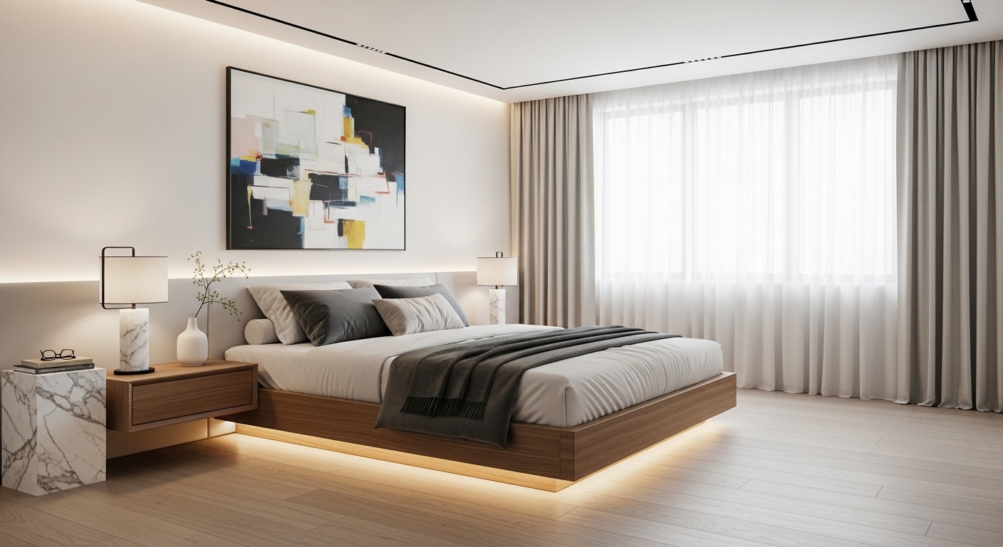 Desain kamar tidur minimalis modern dengan lukisan dinding dan furniture nakas gantung kustom