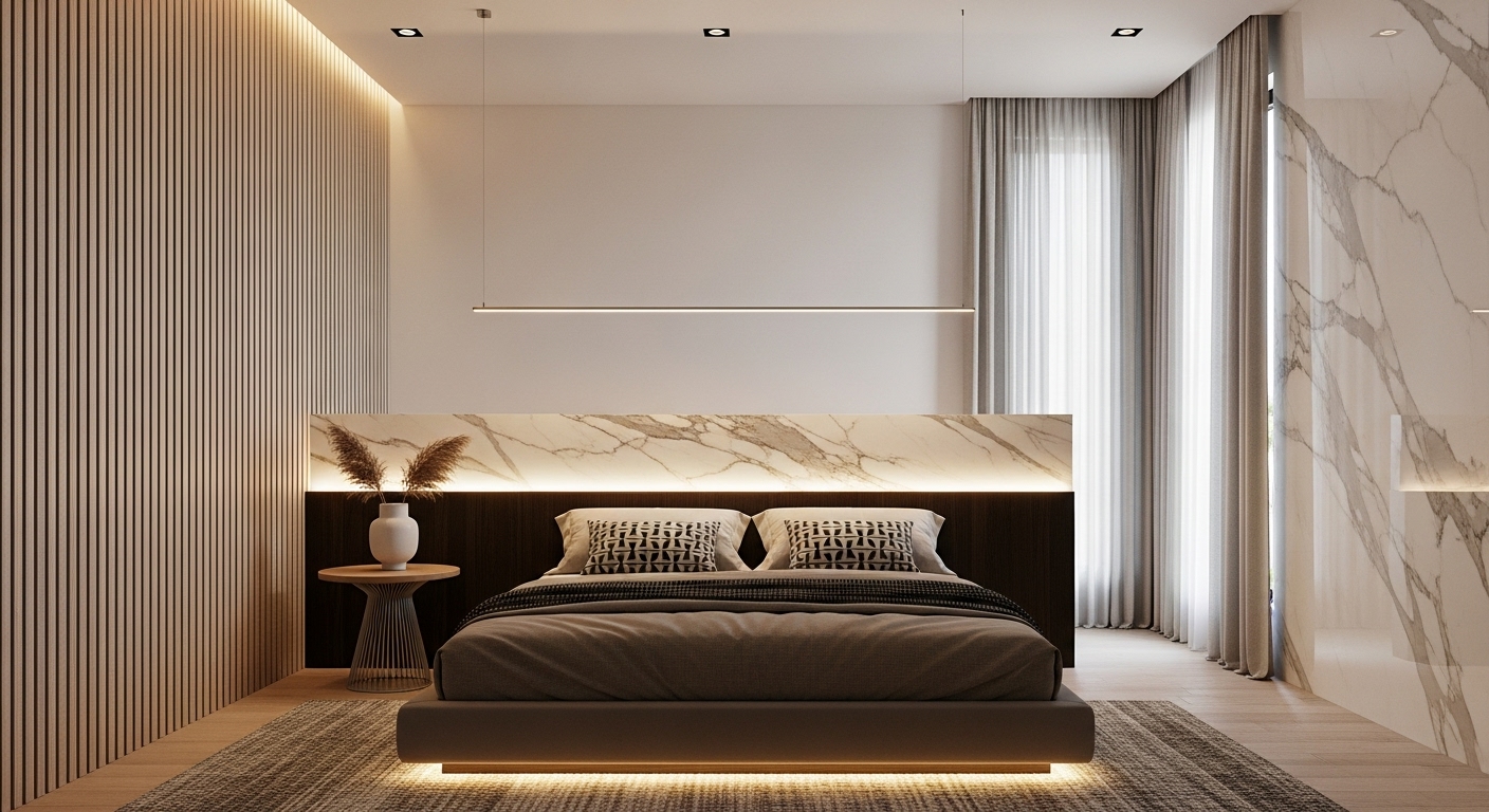 Kamar tidur aesthetic dengan pencahayaan LED warm white dan backdrop kayu minimalis Yogyakarta