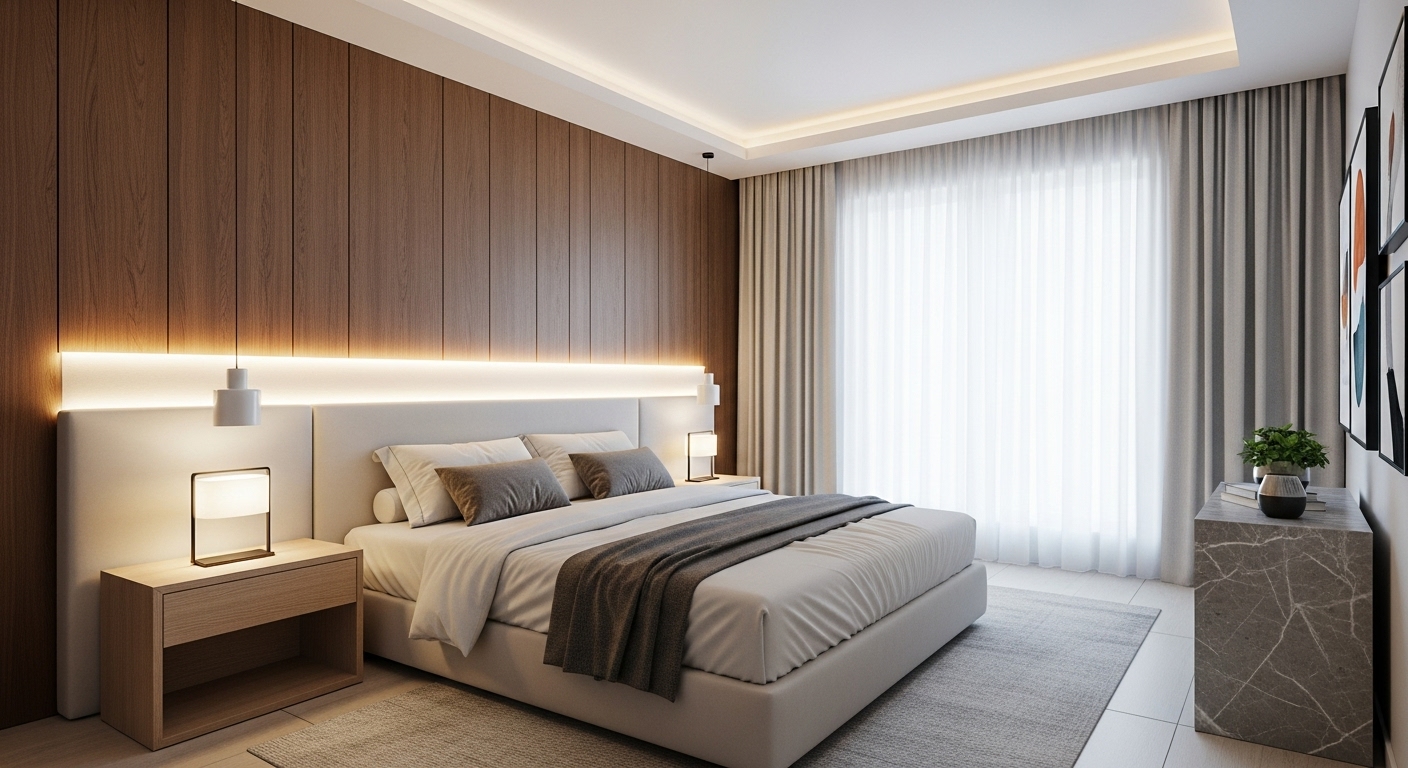 Inspirasi fluted panel kayu untuk dinding kamar tidur utama dengan pencahayaan lampu gantung