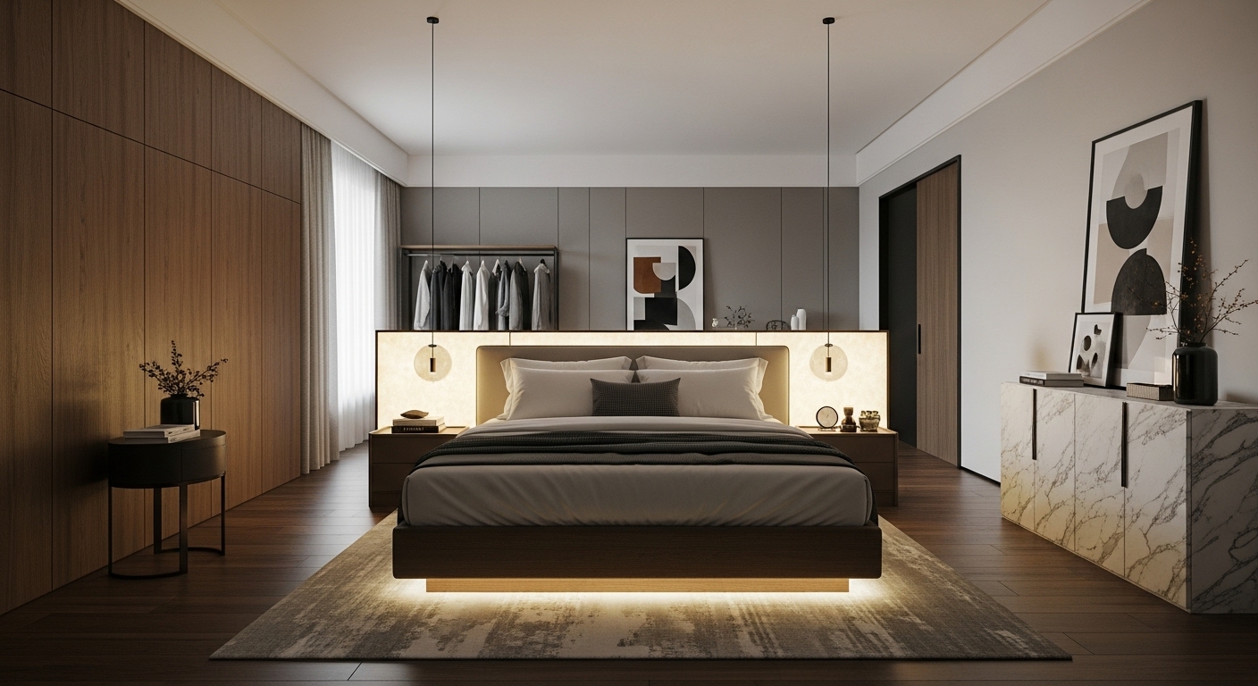 Desain kamar tidur hotel bintang 5 dengan furniture custom kayu gelap dan pencahayaan dramatis