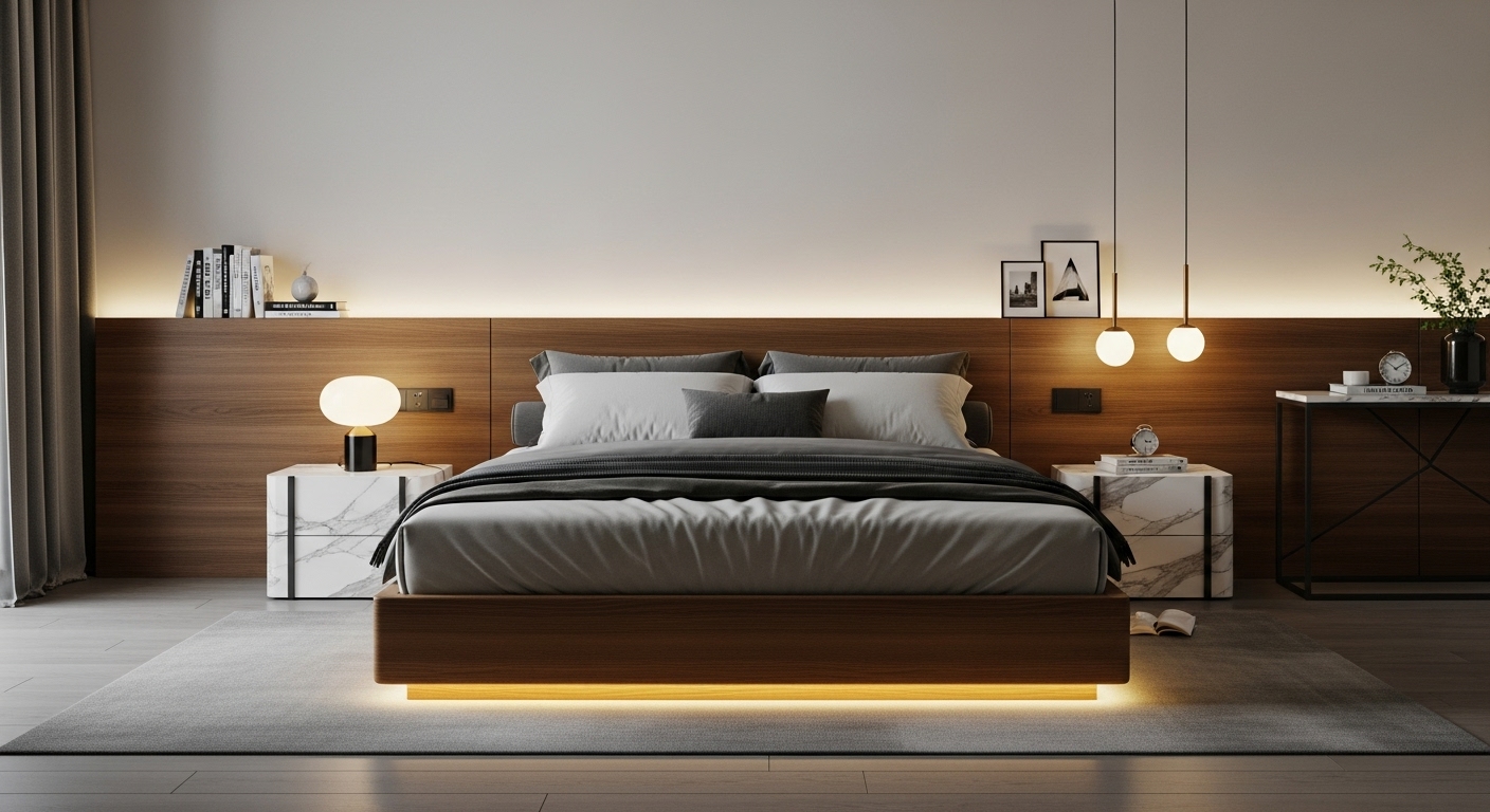 Layout kamar tidur simetris dengan nakas marble dan dipan kayu solid buatan pengrajin Jogja