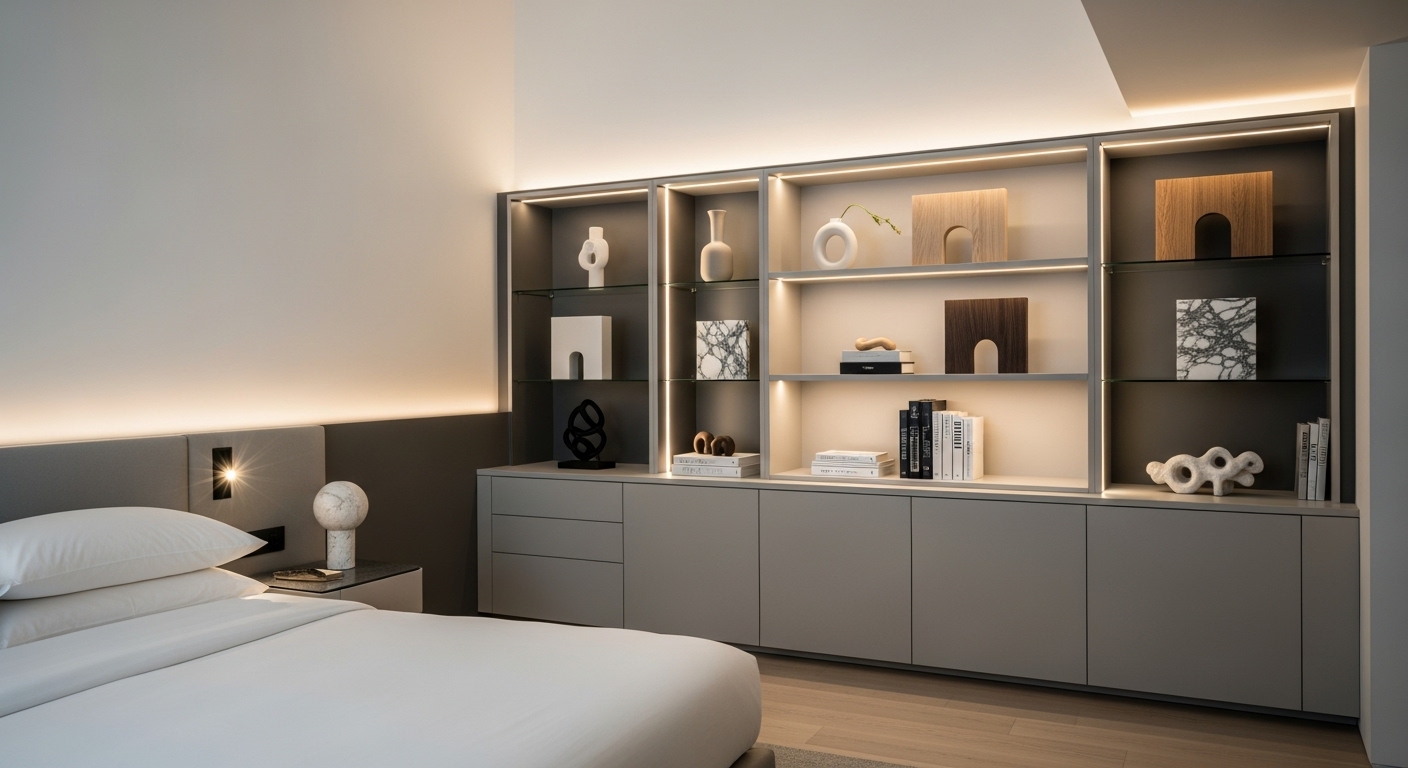 Custom wardrobe dan rak display buku minimalis dengan lampu LED internal untuk kamar tidur