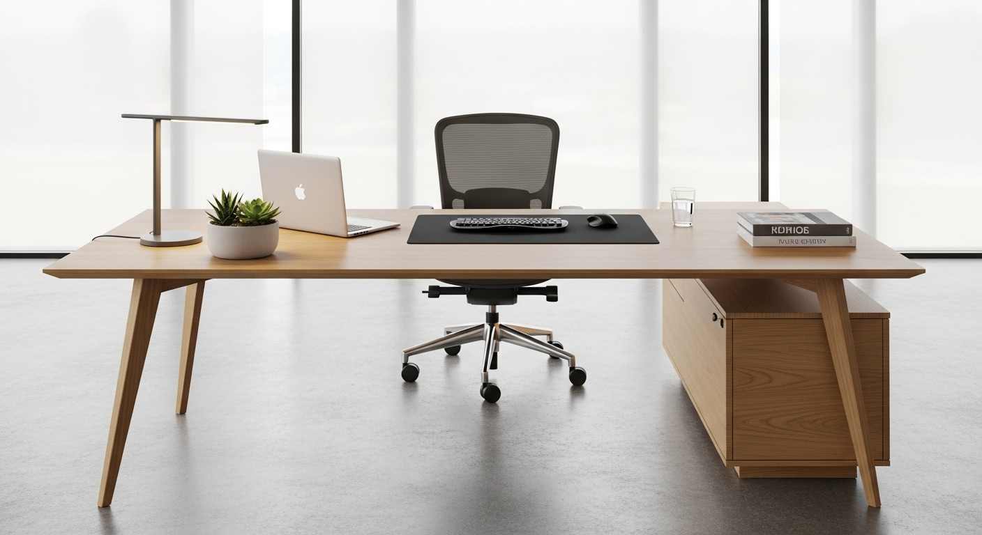 Meja Kantor Minimalis Modern dengan Sentuhan Kayu Alami untuk Kesan Profesional